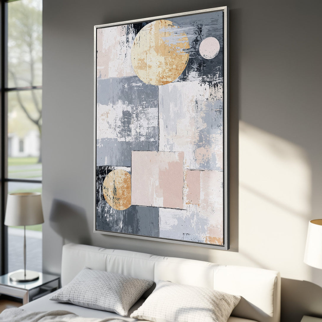 Framed Wall Art abstract canvas print in neutral tones. Modern art with gold, gray, and blush pink color palette. Perfect for bedroom decor.