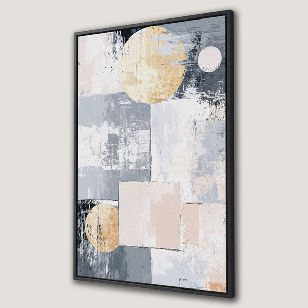 Framed Wall Art: Abstract geometric canvas print with neutral color palette (gray, blush, gold). Modern art for living room or bedroom decor.