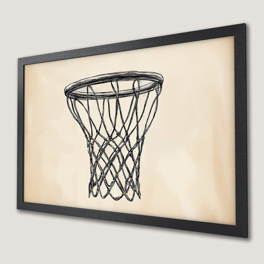 Framed Poster of basketball net in a vintage style, black & white illustration on a beige background. Perfect wall art.
