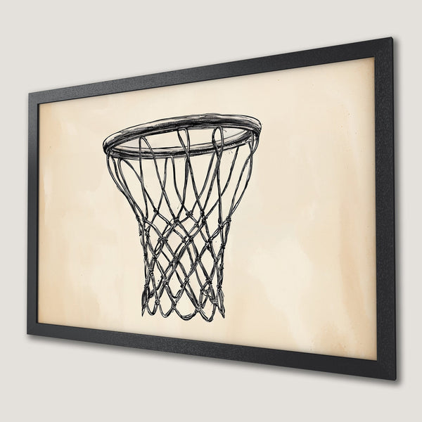 Framed Poster of basketball net in a vintage style, black & white illustration on a beige background. Perfect wall art.