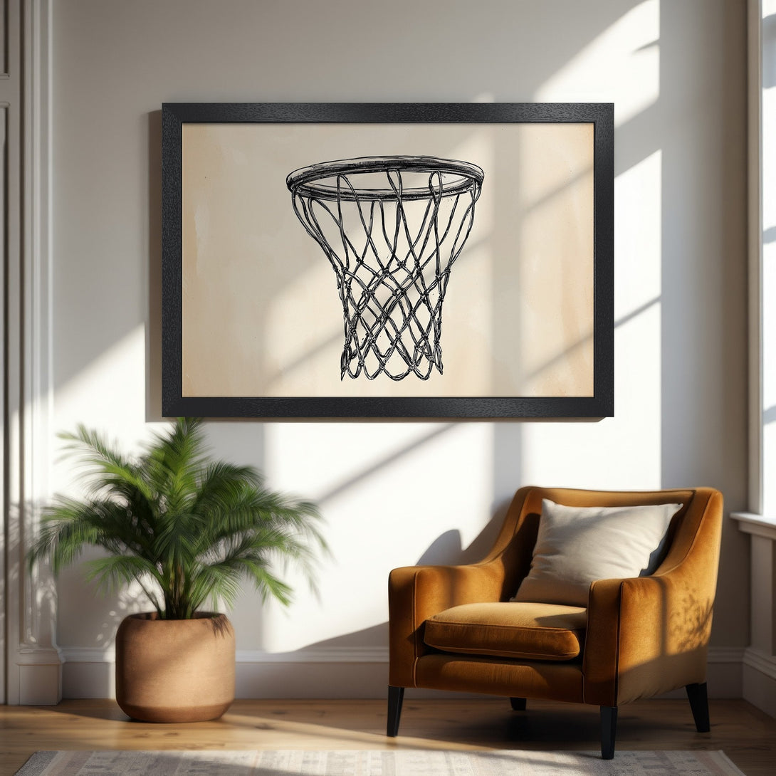 Framed Poster featuring a basketball net sketch in a minimalist style with a warm, neutral color palette. Perfect wall art!