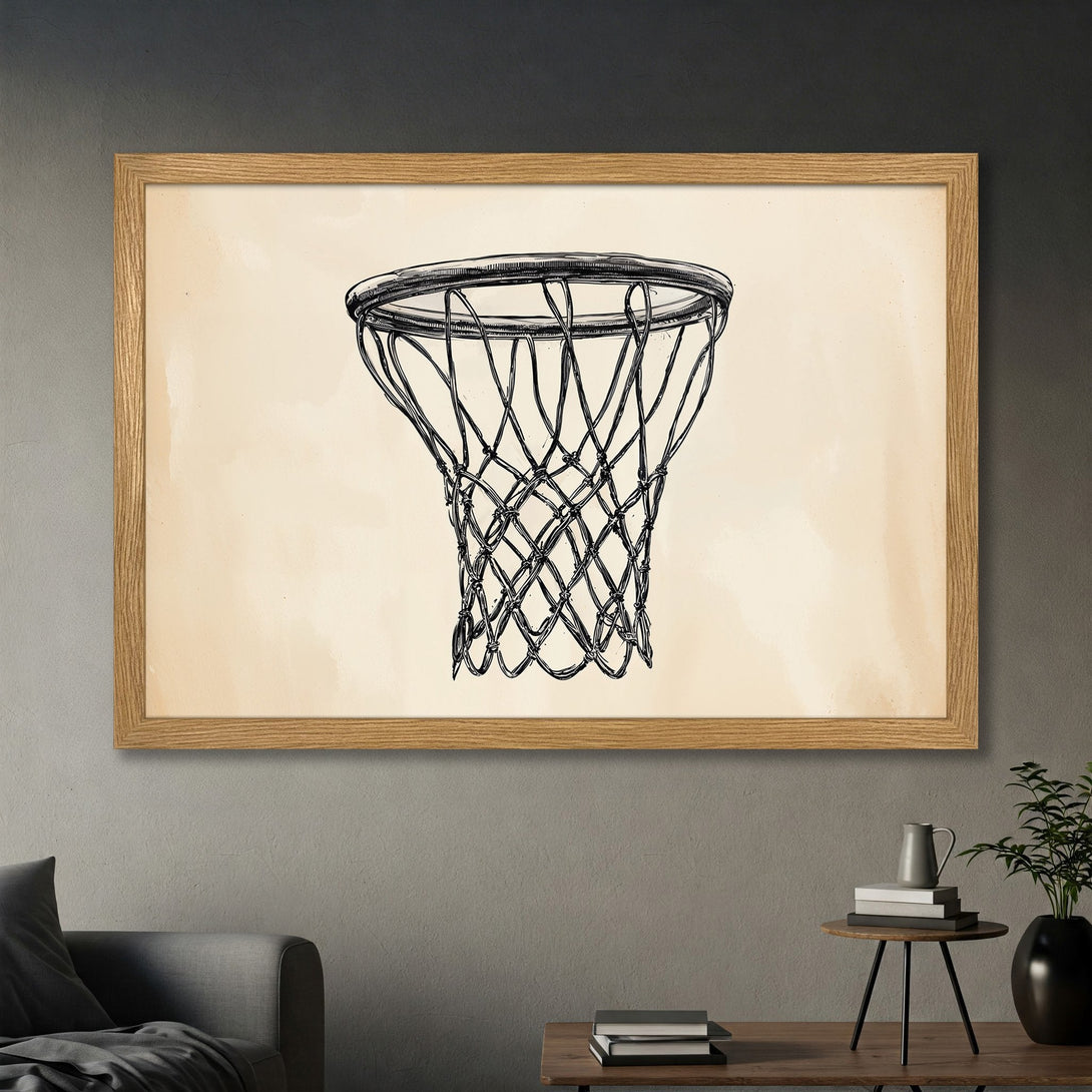 Framed Poster featuring a basketball net sketch in black and cream. Minimalist art for your home decor.