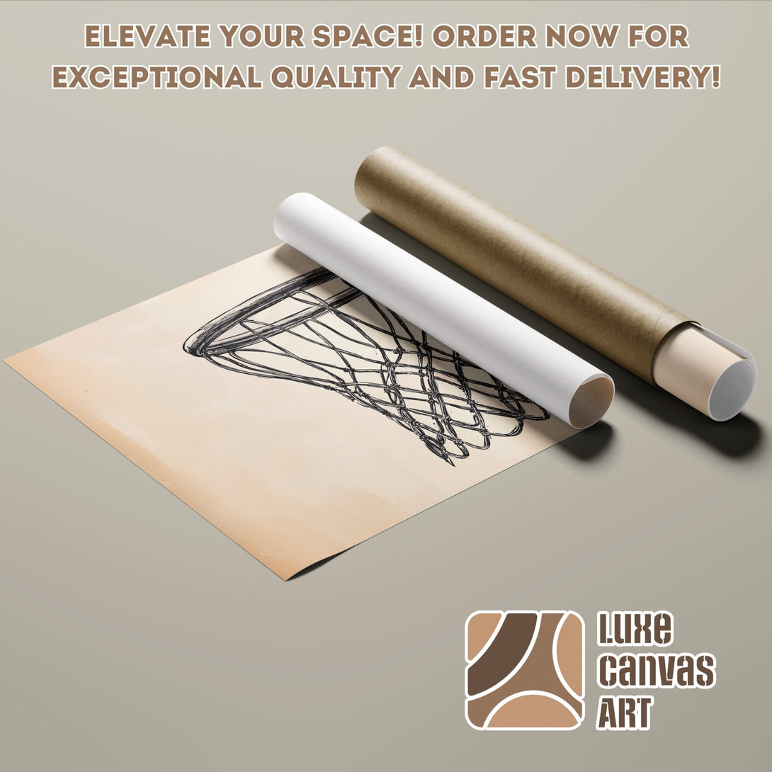Poster Roll featuring a basketball net sketch, neutral tones, and minimalist style. Elevate your space!
