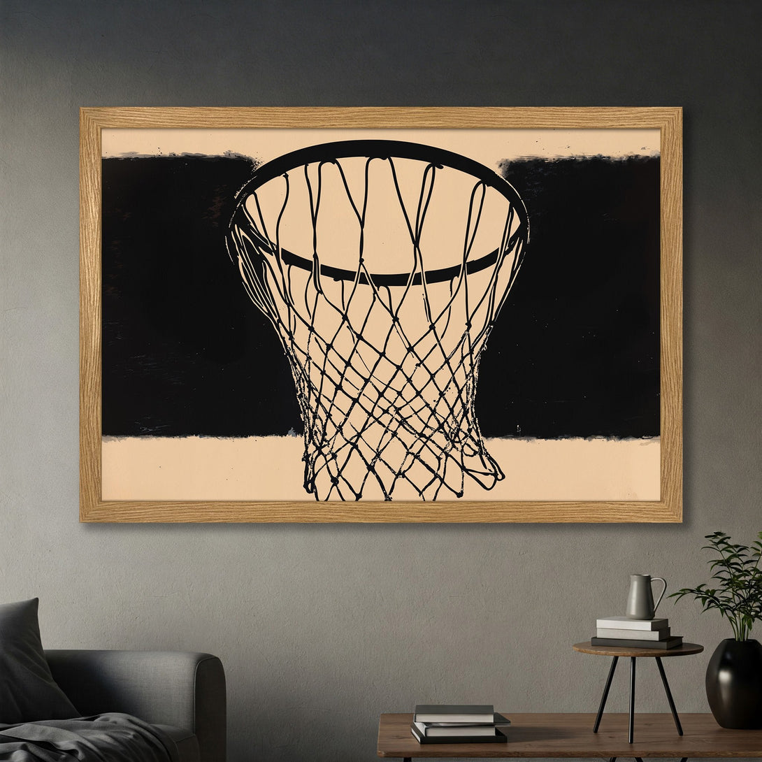 Framed Poster featuring a basketball net in a modern, minimalist style with a black and beige color palette. Perfect wall art!
