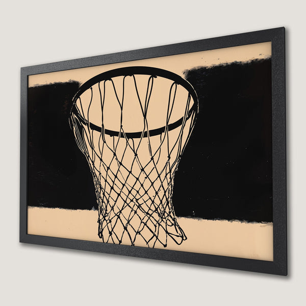 Framed Poster featuring a basketball net in a minimalist style with black and beige color palette. Perfect wall art!