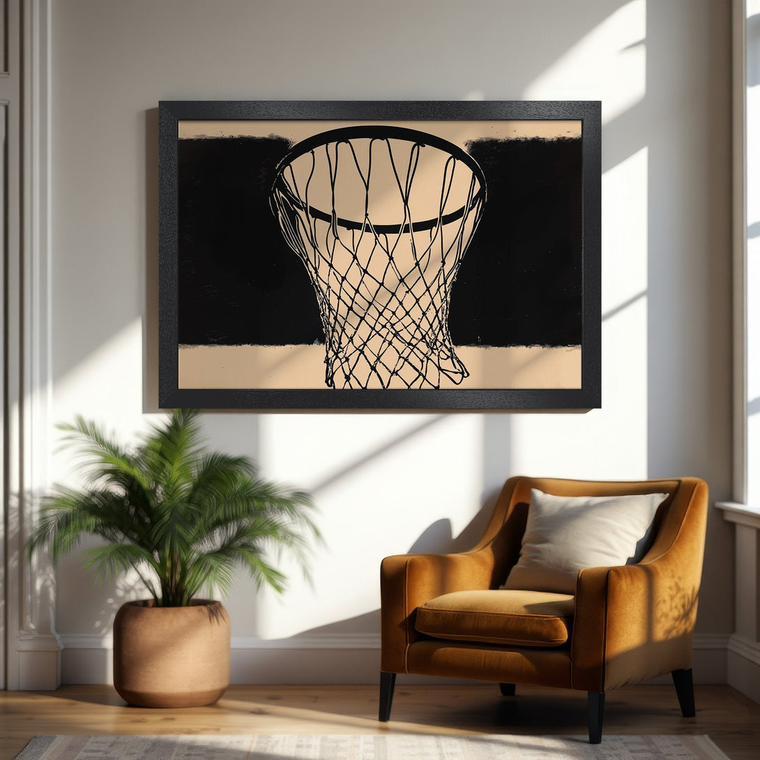 Framed Poster featuring a minimalist basketball net design in black and beige. Modern art style, perfect for home decor.