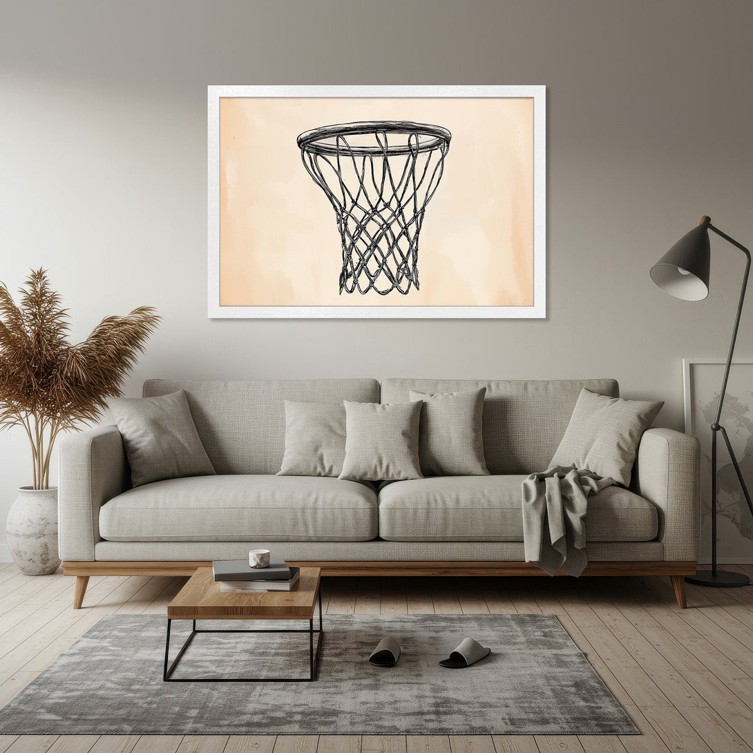 Framed Poster featuring a basketball net sketch in black on a neutral beige background. Modern art, perfect for home decor!