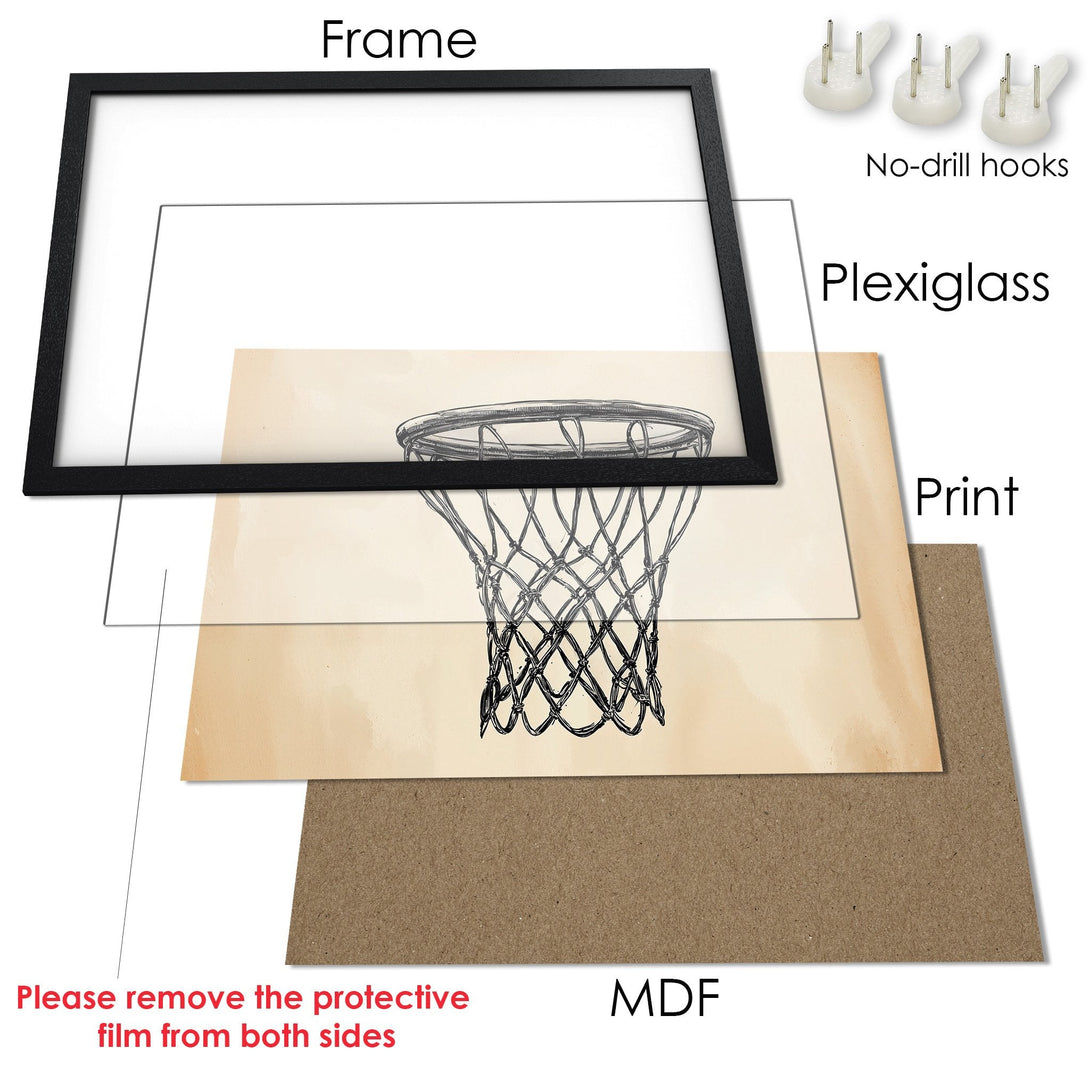 Framed Poster of a basketball net sketch in a black frame. Neutral color palette. Perfect wall art!