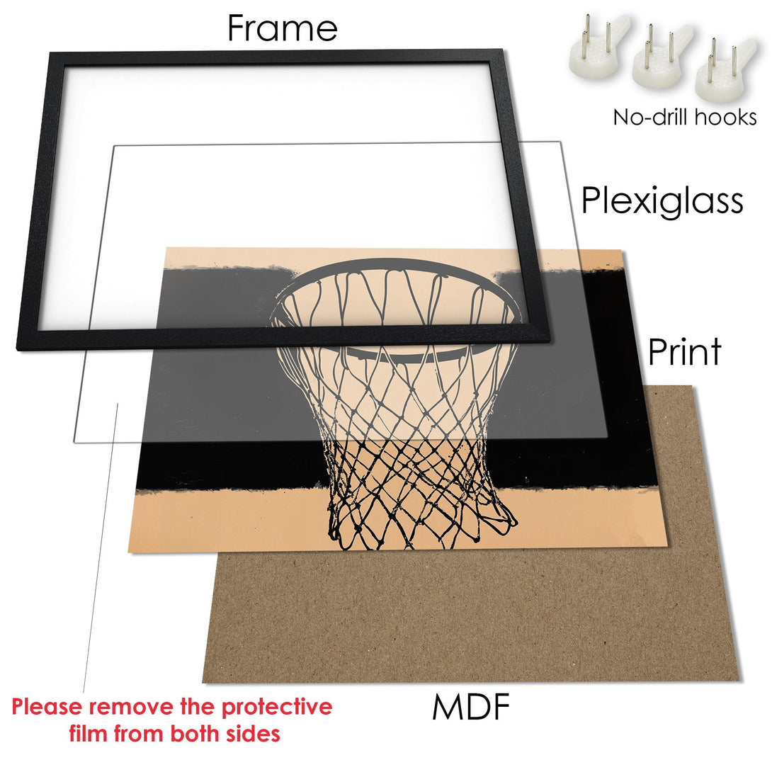 Framed Poster featuring a basketball net, abstract style, with a neutral color palette. Perfect wall art!