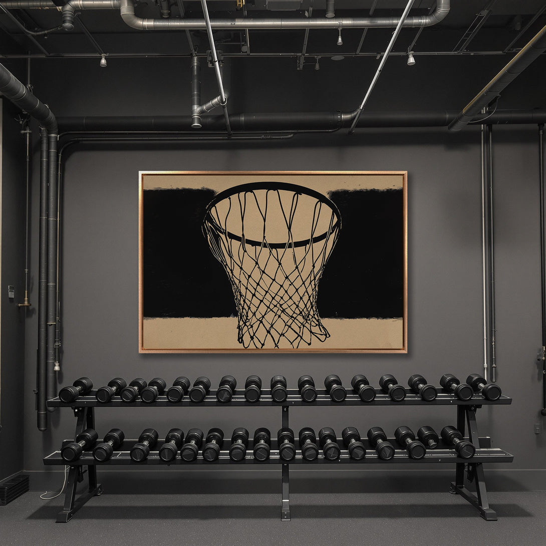 Framed Wall Art: Abstract basketball net print in a modern gym. Black and beige color palette adds a stylish touch. Elevate your space with unique art!