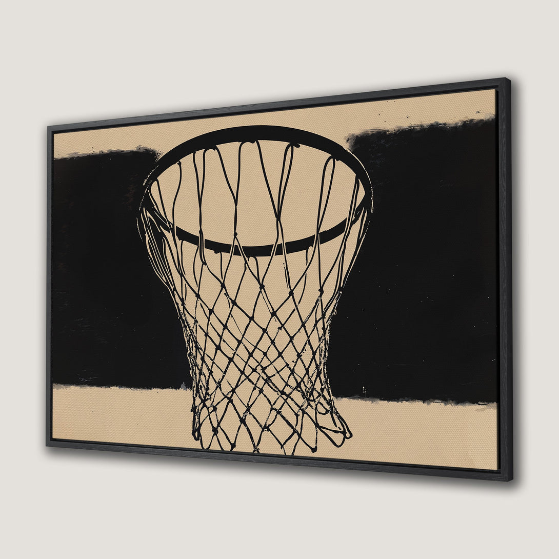 Framed Wall Art: Abstract basketball net design in black and beige. Modern canvas print for sports fans. Elevate your space with minimalist style.