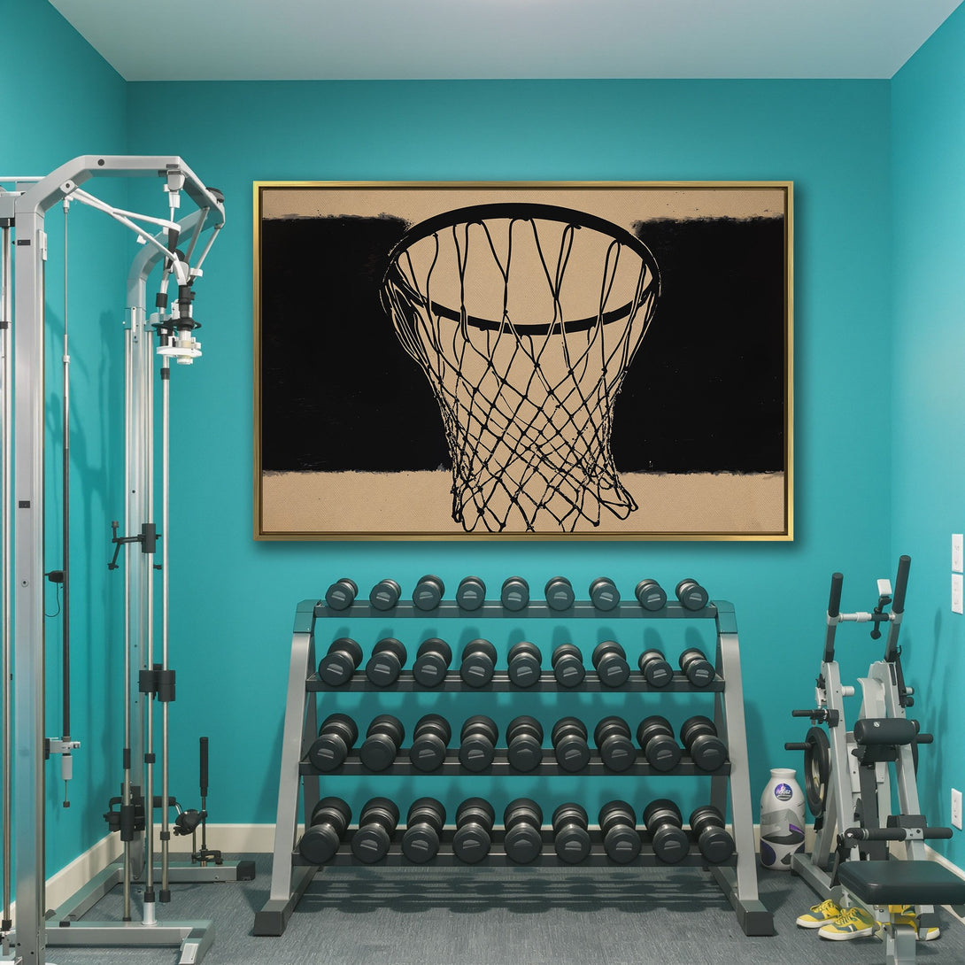 Abstract basketball net Canvas Print in black and beige, perfect for gym or home decor. Modern art with a minimalist style.