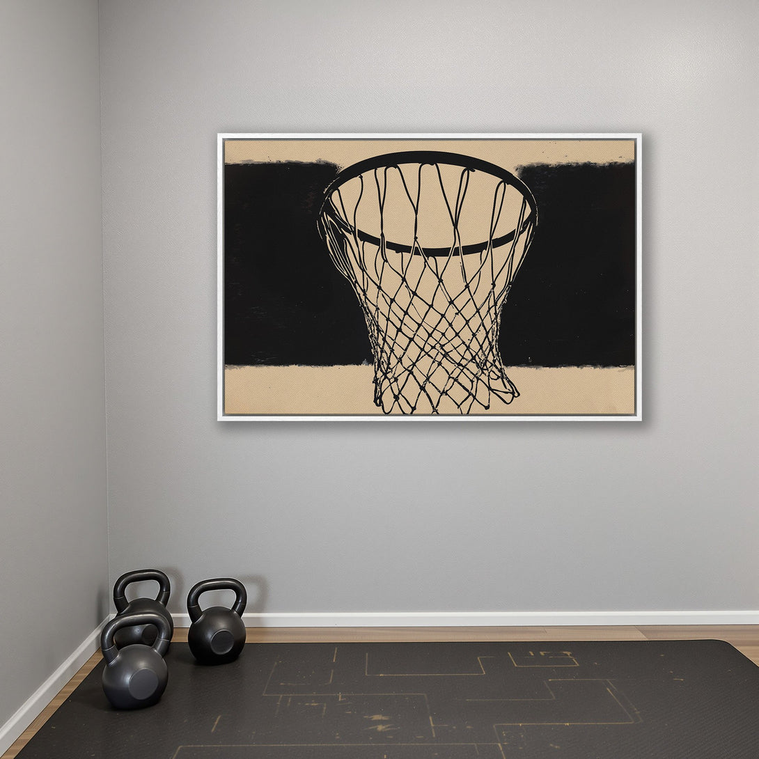 Framed Wall Art: Abstract basketball hoop art in black and beige. Modern canvas print for home gym decor, neutral color palette.