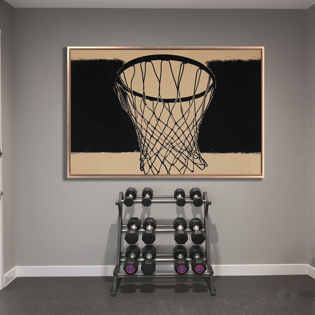 Framed Wall Art: Abstract basketball net in black and beige. Modern art for home gym decor. Neutral color palette.