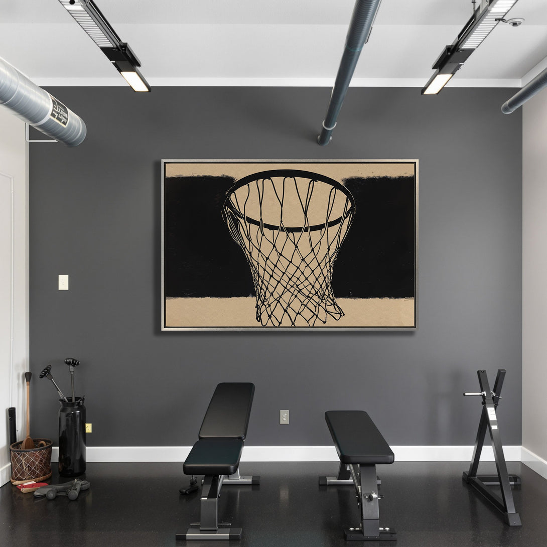 Framed Wall Art featuring a basketball net in a minimalist style with a black and beige color palette, perfect for modern home decor.