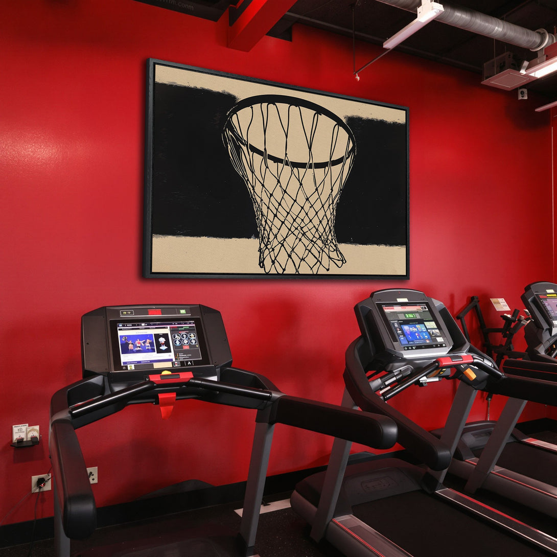 Framed Wall Art: Abstract basketball net art in a gym. Black, beige, and red color palette. Modern decor for home or office.