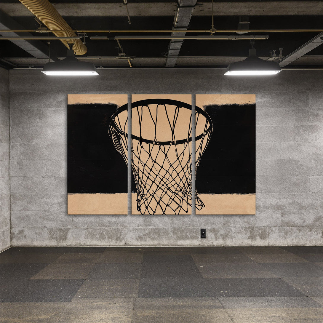 Canvas Print of a basketball net in a modern, minimalist style with a black and tan color palette, perfect for any space.
