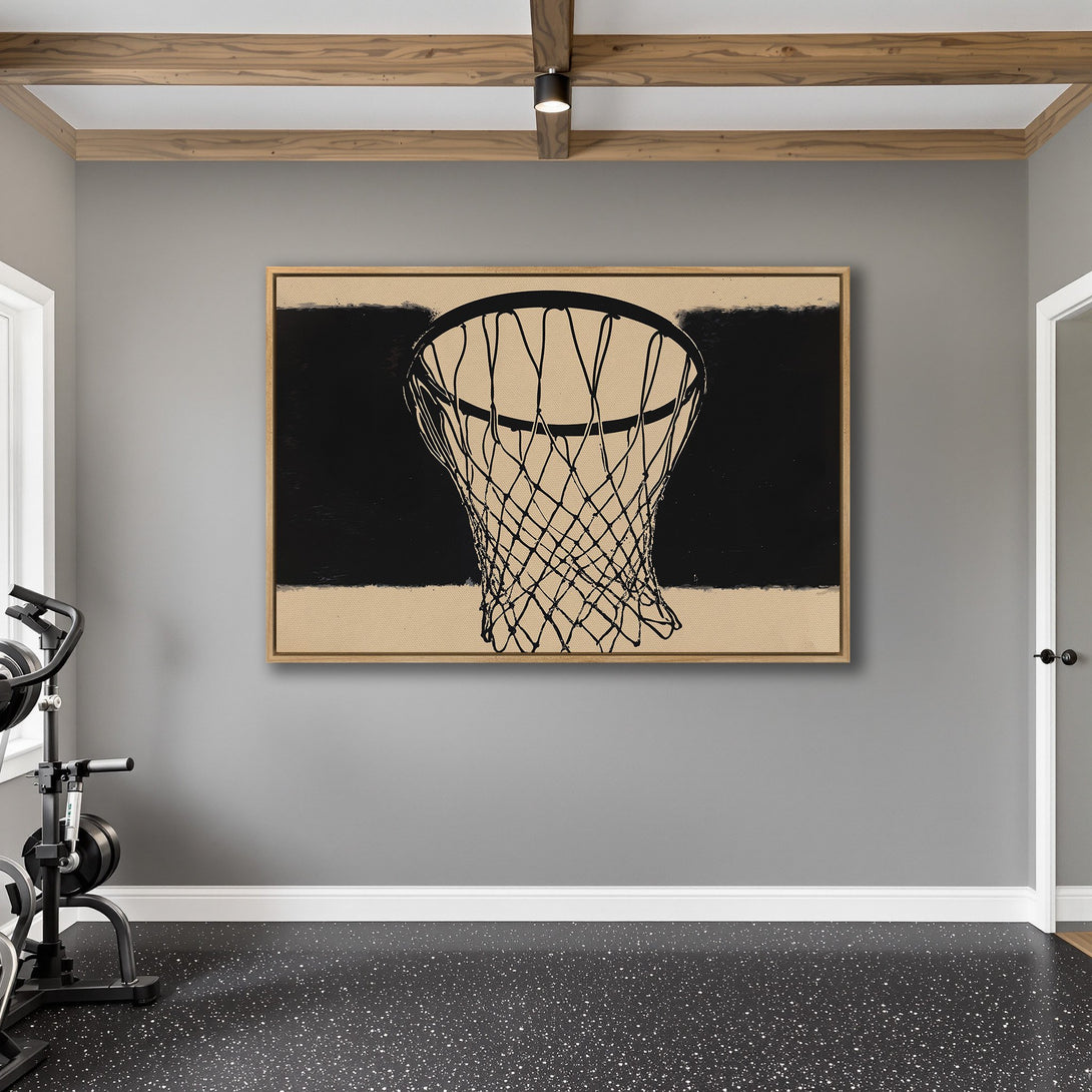Framed Wall Art: Abstract basketball net in a modern gym. Black & tan color palette. Elevate your space with this stylish Canvas Print.