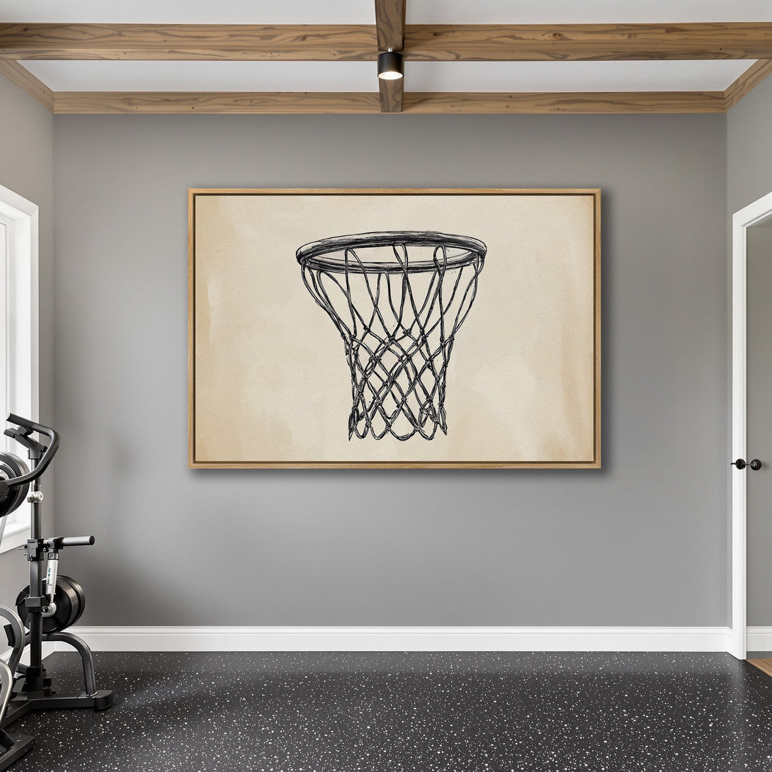 Framed Wall Art: Basketball net sketch in neutral tones. Modern wall decor with a minimalist style, perfect for a gym or sports-themed room.
