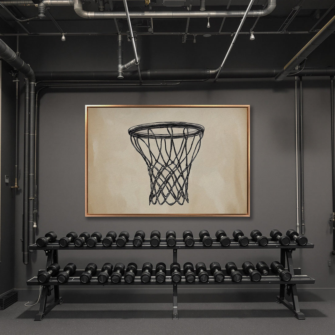 Framed Wall Art featuring a basketball net sketch in a gym setting. Monochrome color palette with a vintage style. Perfect for sports enthusiasts.