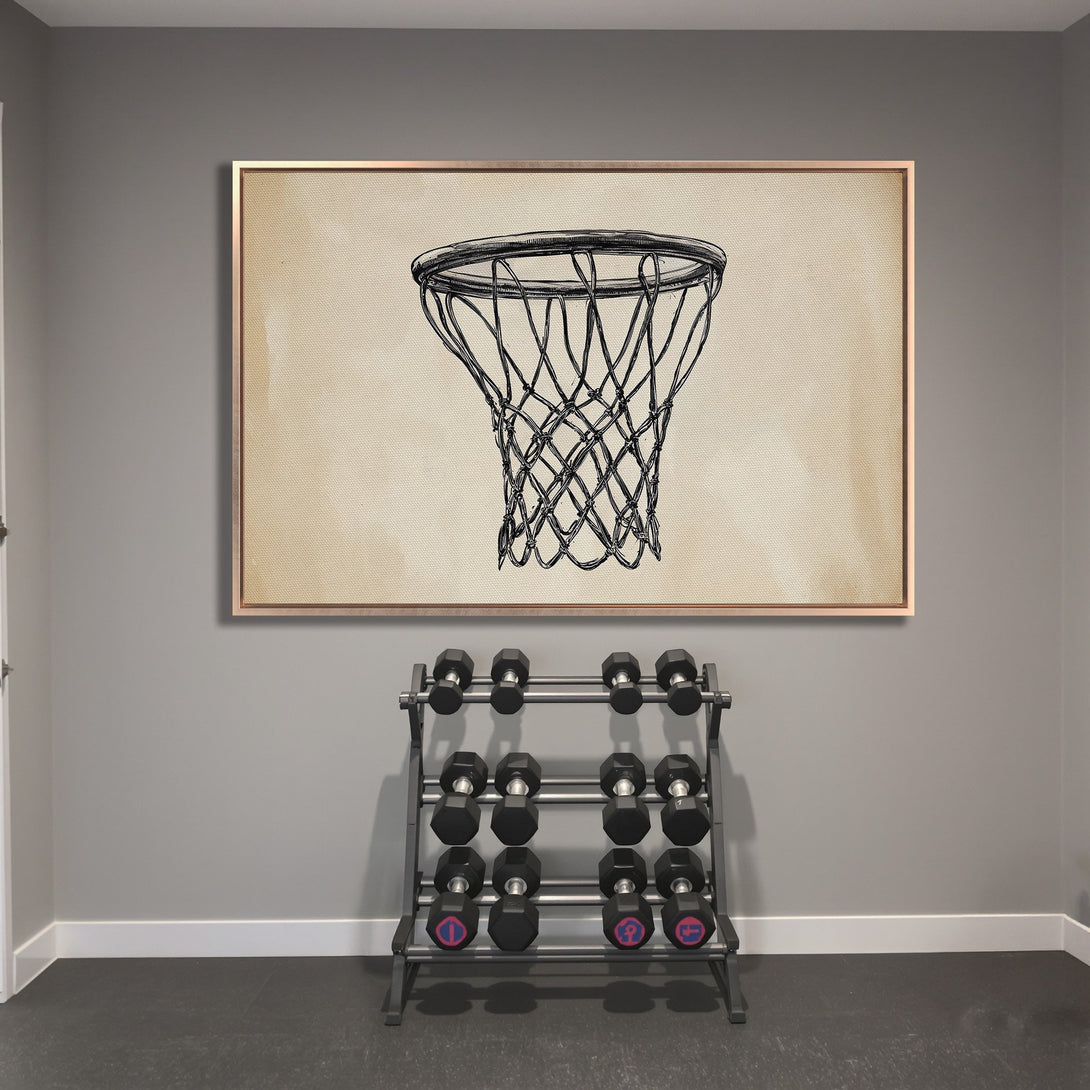 Framed Wall Art: Basketball hoop sketch in neutral tones. Perfect for a gym or sports-themed space. Elevate your decor!
