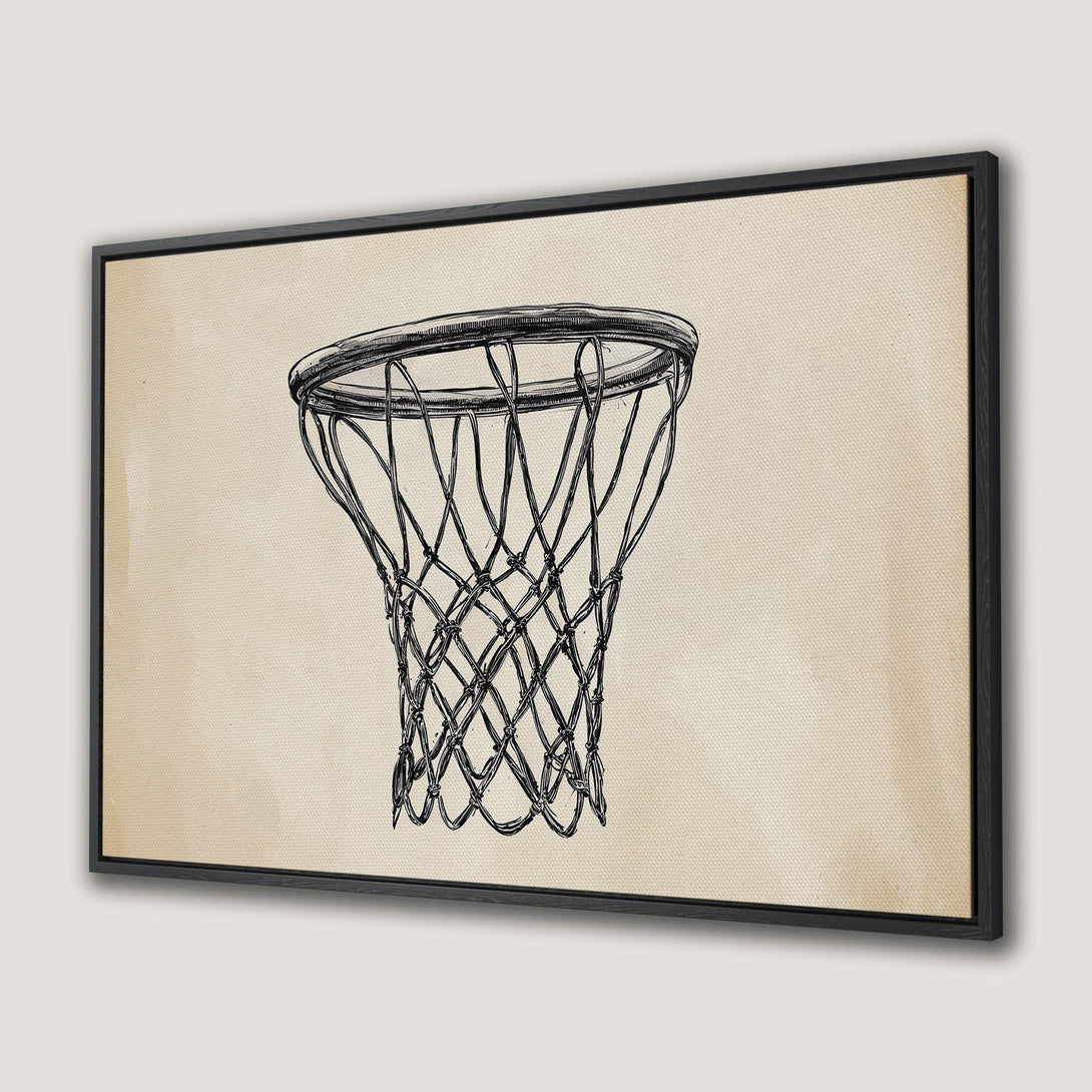 Framed Wall Art: Basketball net illustration in black and beige. Modern, minimalist design perfect for sports enthusiasts. Add a touch of style to your space!