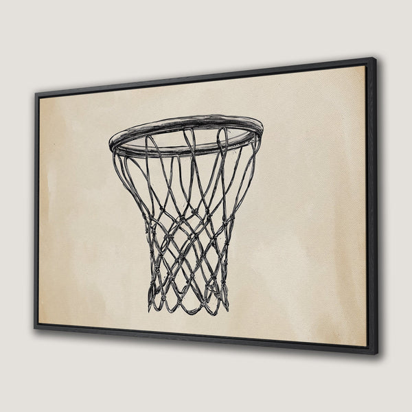 Framed Wall Art: Basketball net illustration in black and beige. Modern, minimalist design perfect for sports enthusiasts. Add a touch of style to your space!