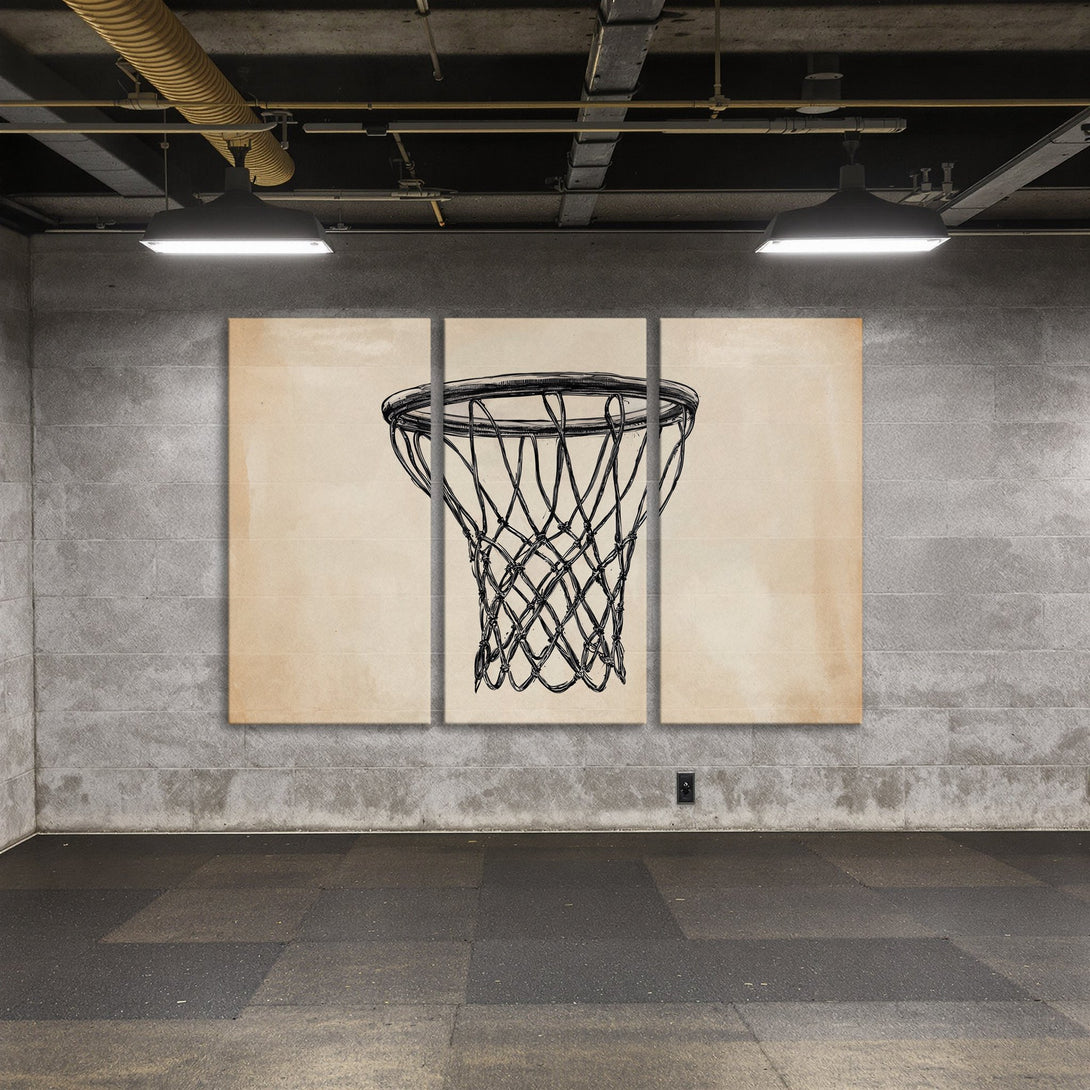 Canvas Print of a basketball net sketch in a neutral color palette. Modern wall art for sports lovers.