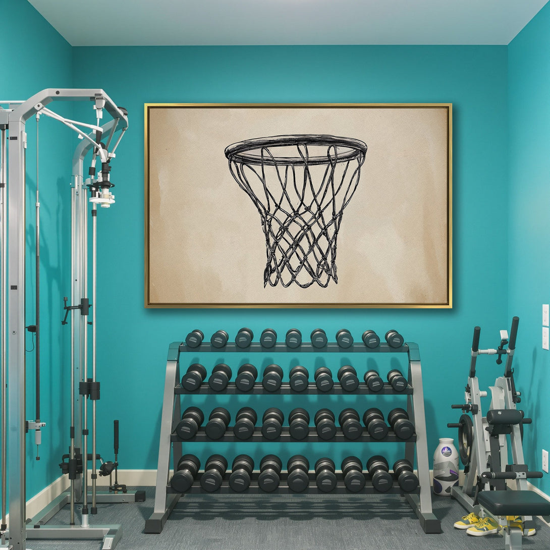 Canvas Print featuring a basketball net sketch. Neutral color palette with a vintage, athletic vibe. Perfect wall art for any space!