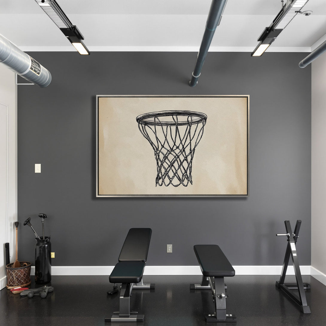 Framed Wall Art featuring a basketball net sketch in a minimalist style. Neutral color palette with black and beige tones, perfect for gym decor.