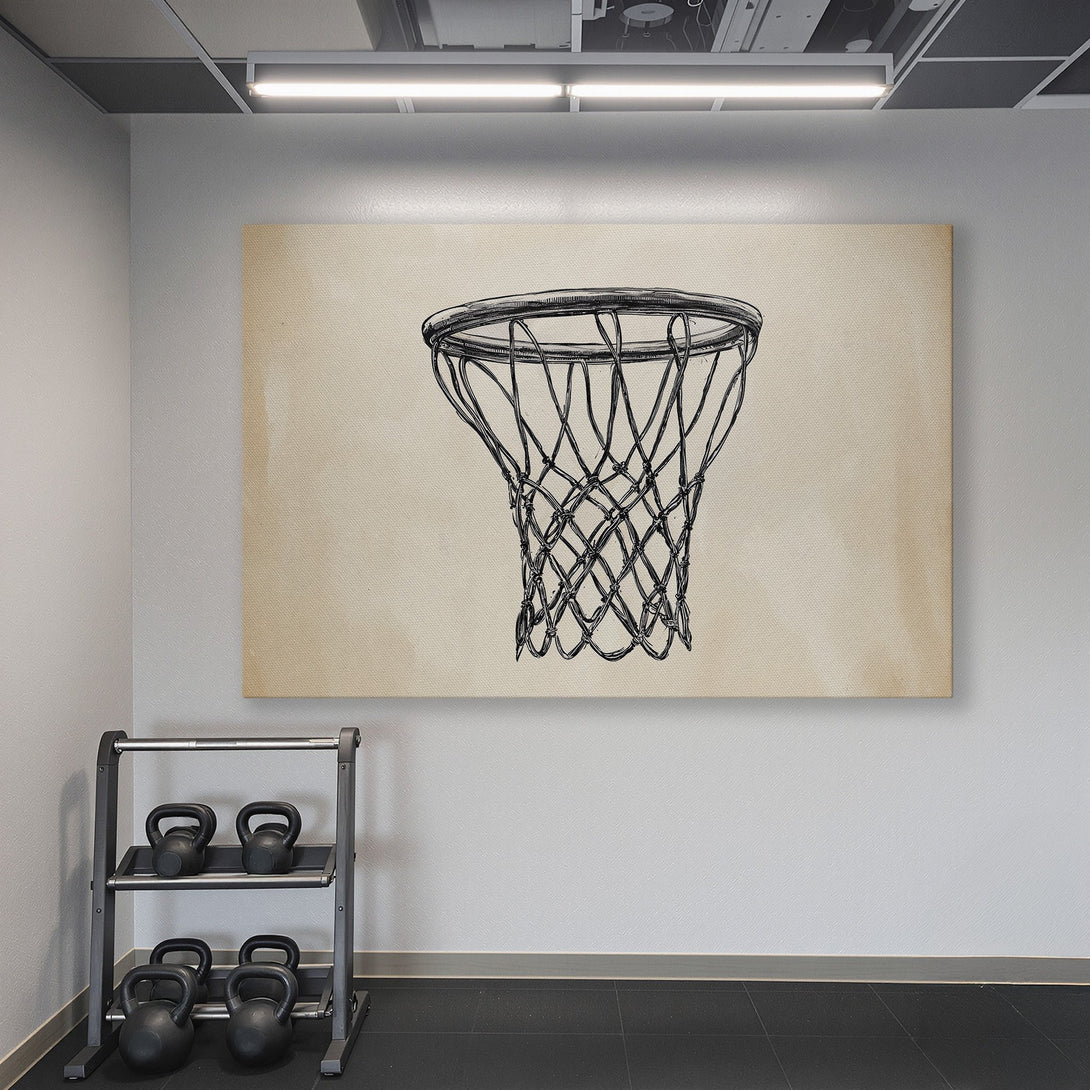 Framed Wall Art of a basketball net in a gym, featuring a black and white sketch on a beige background. Stylish decor with teal walls.