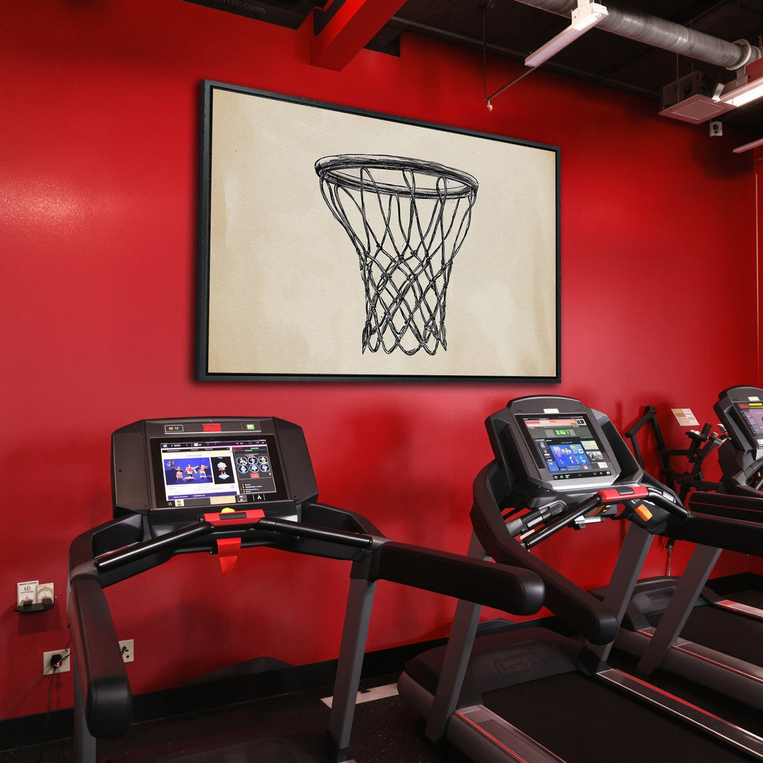 Framed Wall Art: Basketball hoop sketch in a gym, black and white art on a neutral background, set against a vibrant red wall. Elevate your space!