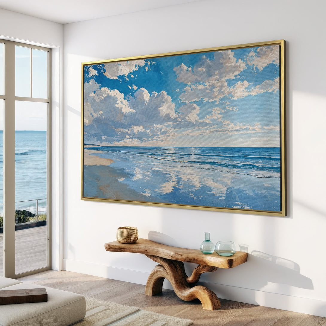 Canvas Print of a serene beach scene in blue and white hues, perfect for coastal decor. Add a touch of tranquility to your space!