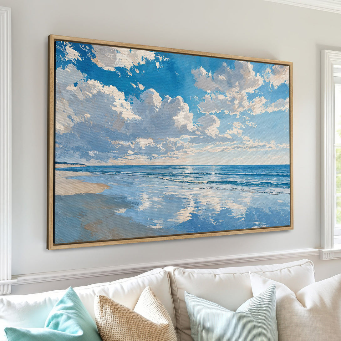 Framed Wall Art: Serene beach scene Canvas Print in calming blues and whites. Coastal artwork adds a touch of tranquility to any interior.