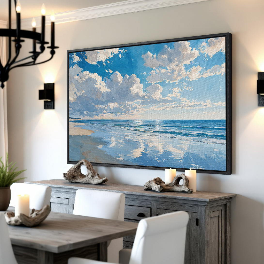 Framed Wall Art: Coastal landscape Canvas Print with blue, white, and beige tones. Enhance your home decor with this serene beach scene.