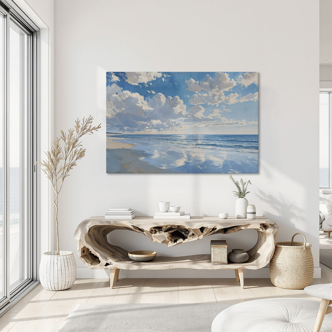 Framed Wall Art: Coastal beach scene Canvas Print in blue and white, displayed in a modern interior. Perfect for adding a touch of serenity to your space.
