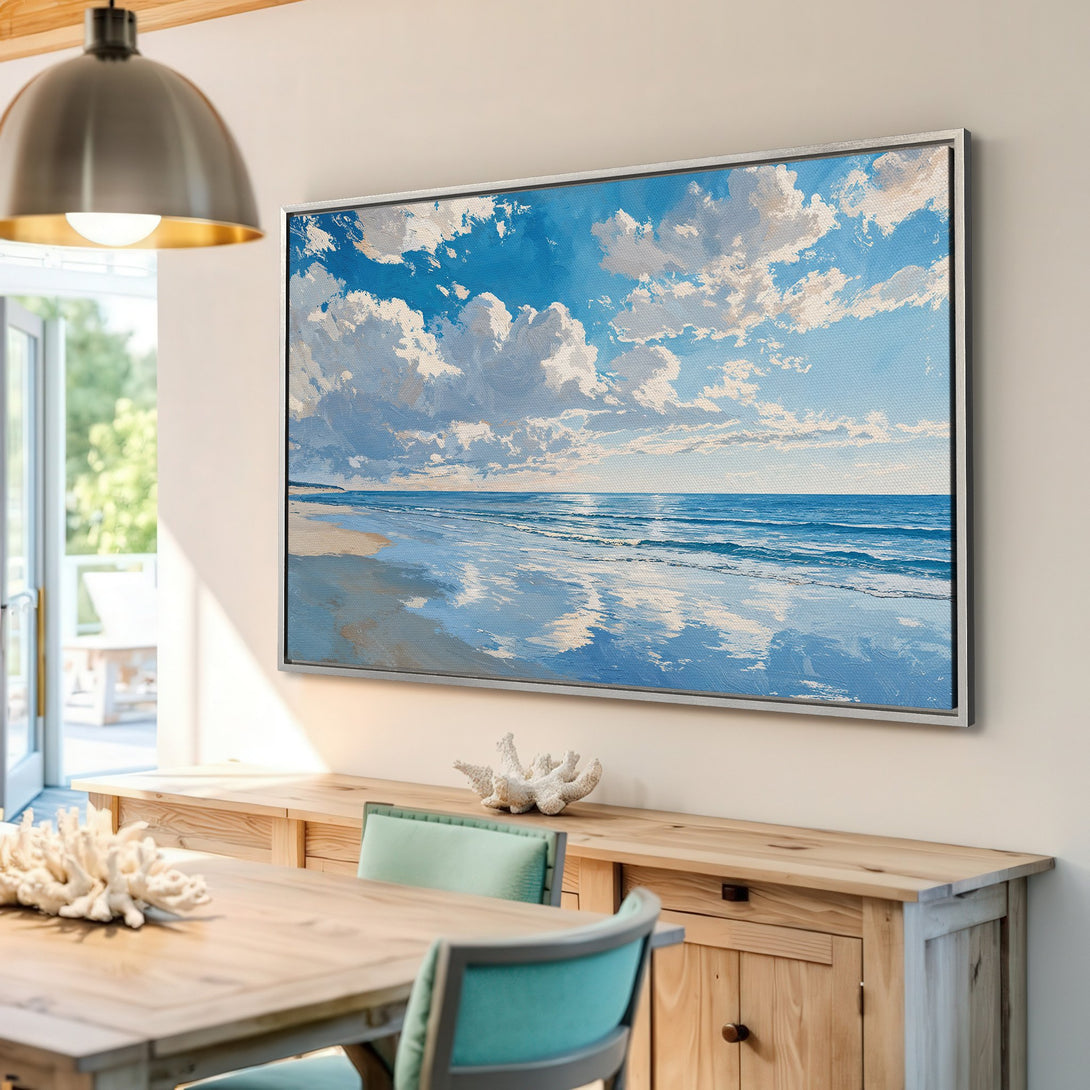 Framed Wall Art: Coastal scene Canvas Print in blue and white.  Bring the beach home!  Perfect for modern decor.