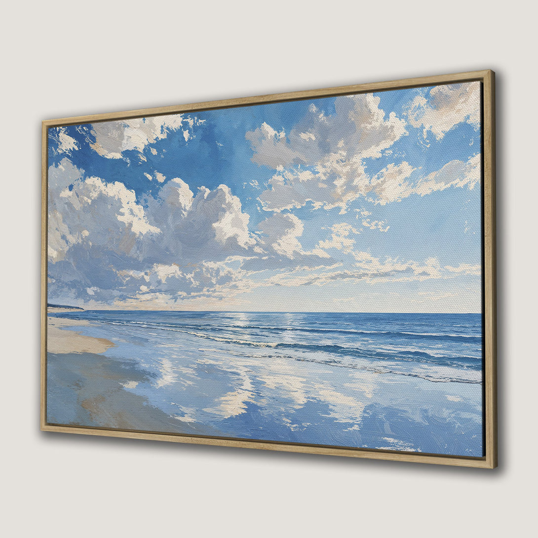 Canvas Print of a serene beach scene with a blue and white color palette. Impressionistic style framed wall art perfect for coastal decor.