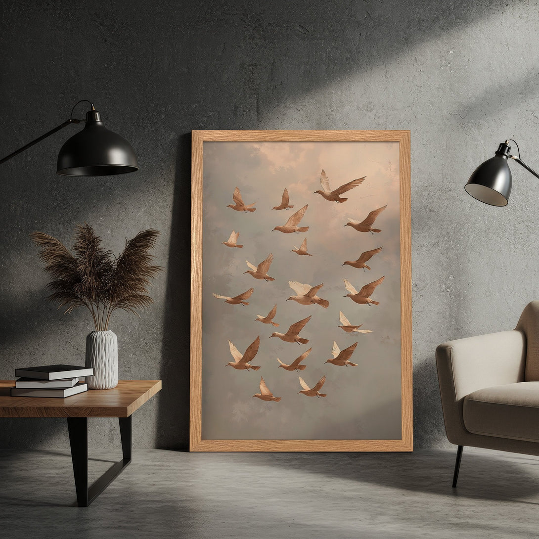 Framed Poster featuring birds in flight, vintage style, warm neutral color palette. Add this art print to your home!