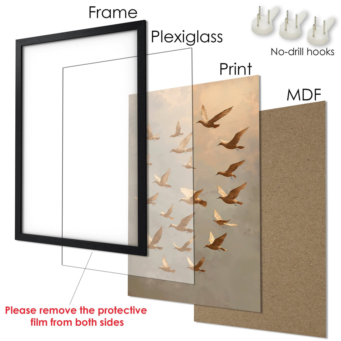 Framed Poster featuring birds in flight, warm neutral tones. Perfect wall art for any room.