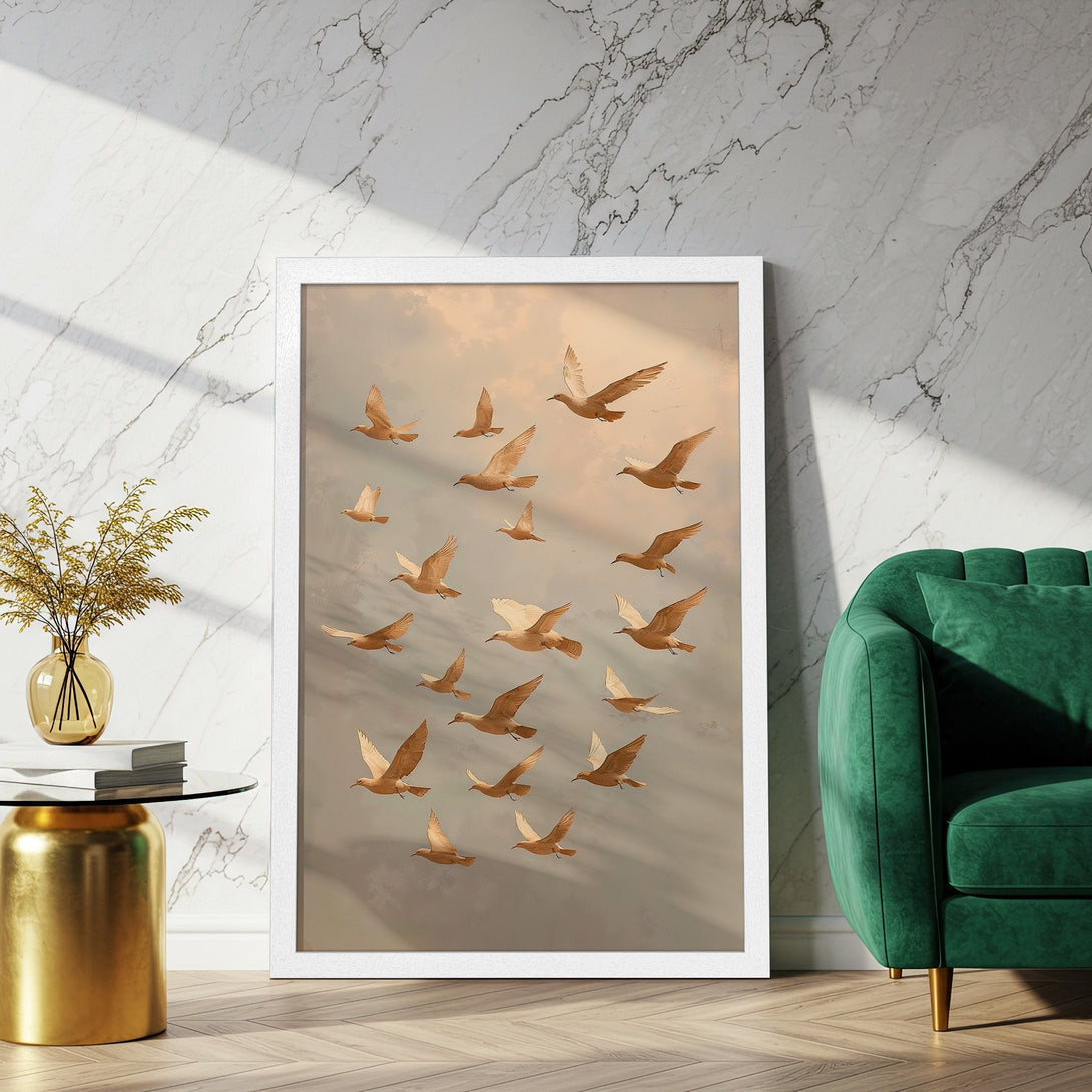 Framed Poster featuring a flock of birds in flight, neutral tones with a touch of gold, perfect for modern decor.