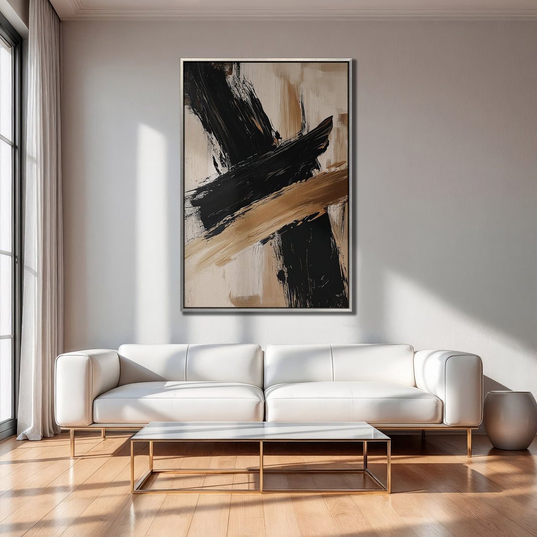 Framed Wall Art abstract painting in black, beige, and gold tones. Modern art Canvas Print for living room decor.