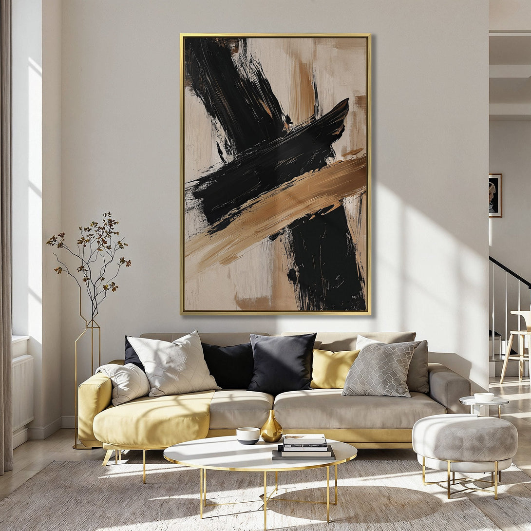 Abstract Canvas Print with bold black and beige brushstrokes, perfect for modern wall decor. Neutral color palette complements any interior.