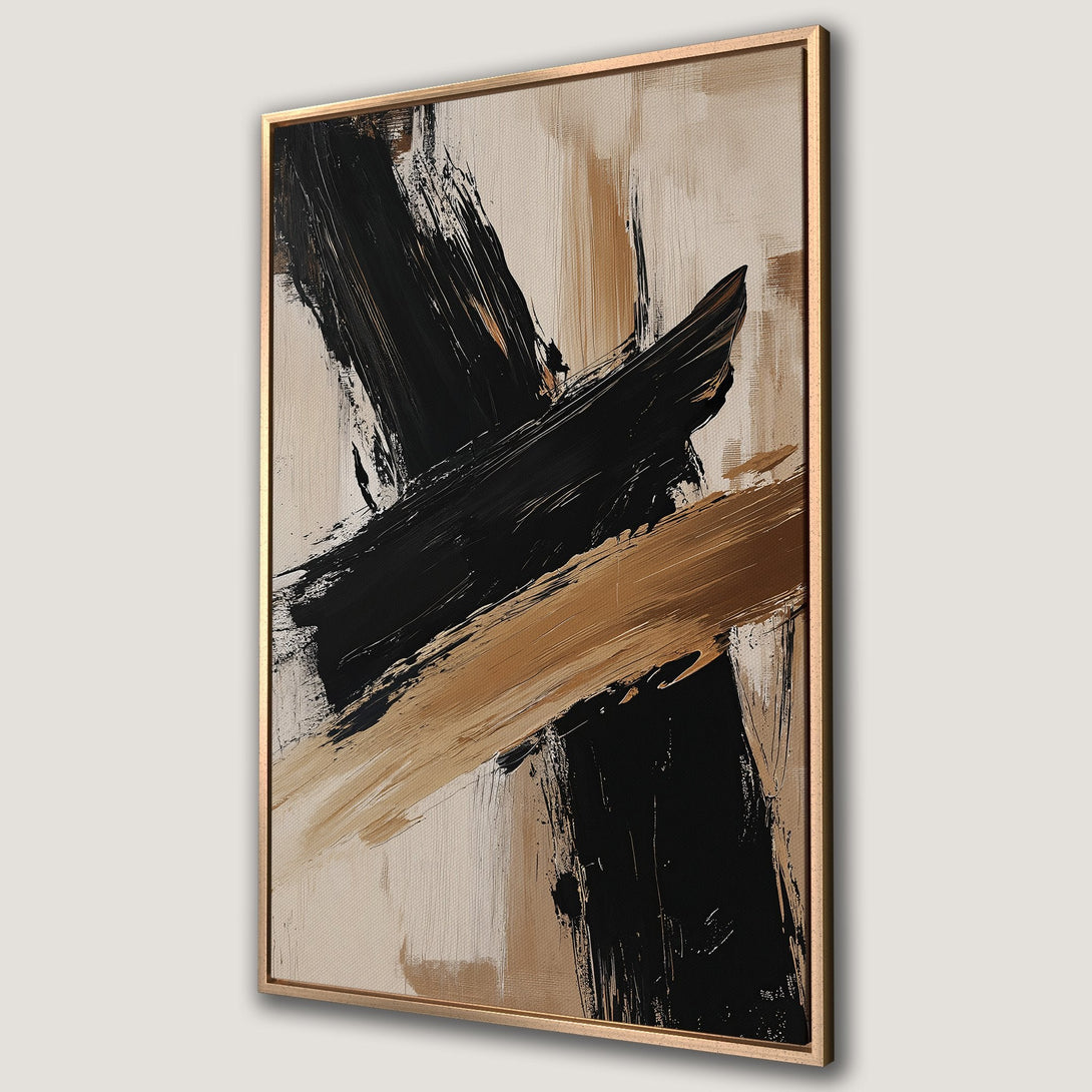 Framed Wall Art: Abstract expressionist canvas print with bold black and gold brushstrokes on a neutral background. Modern art for your home decor.