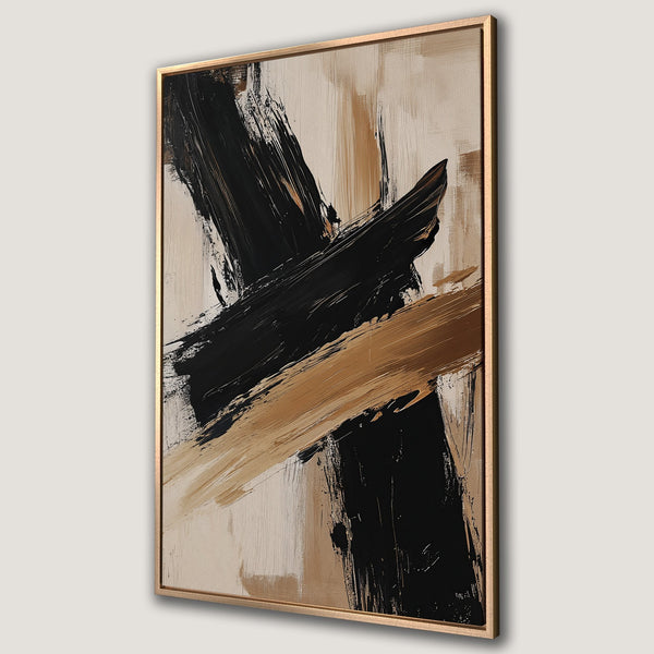 Framed Wall Art: Abstract expressionist canvas print with bold black and gold brushstrokes on a neutral background. Modern art for your home decor.