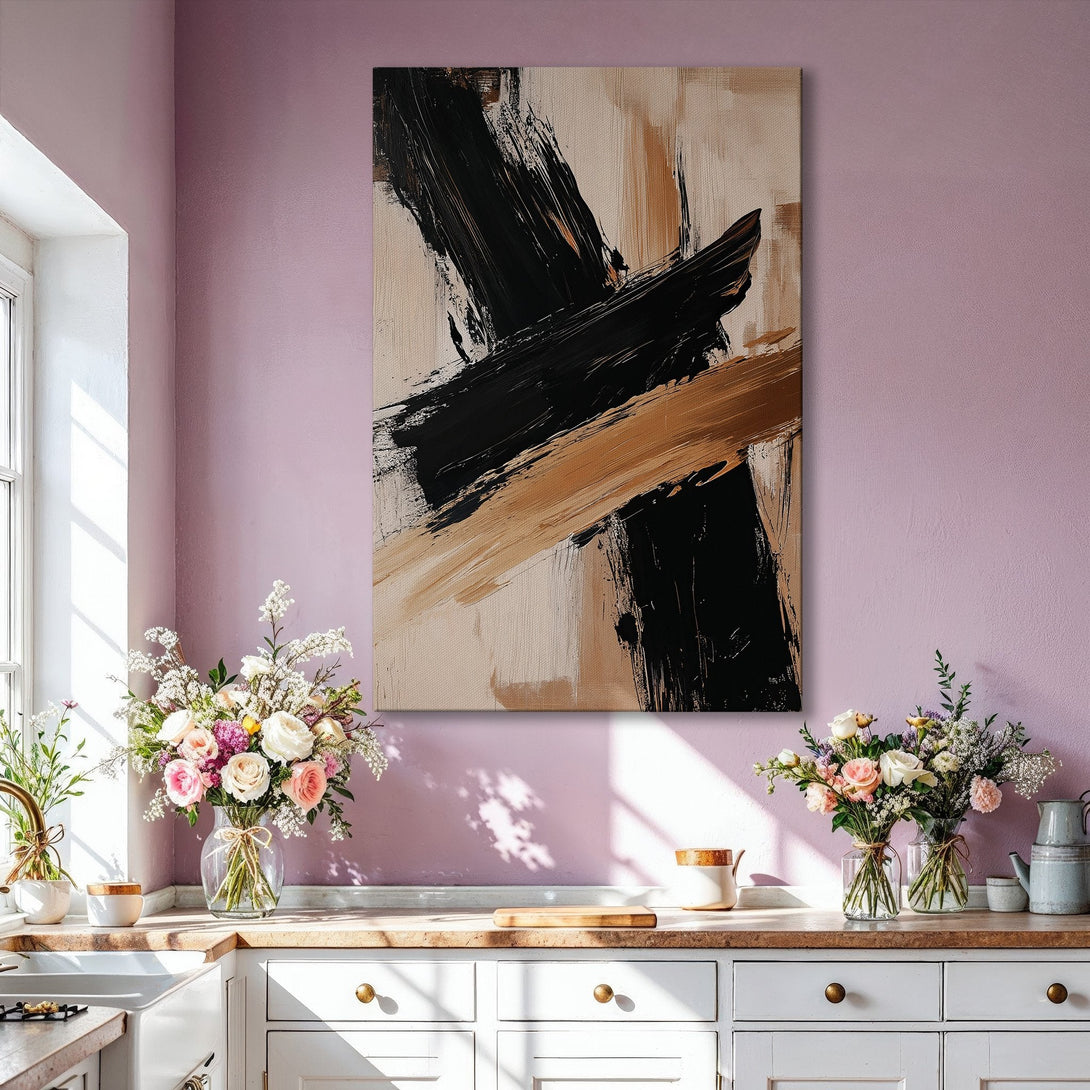 Framed Wall Art: Abstract black and gold brushstroke canvas print. Modern art decor with neutral color palette, perfect for living room or bedroom.
