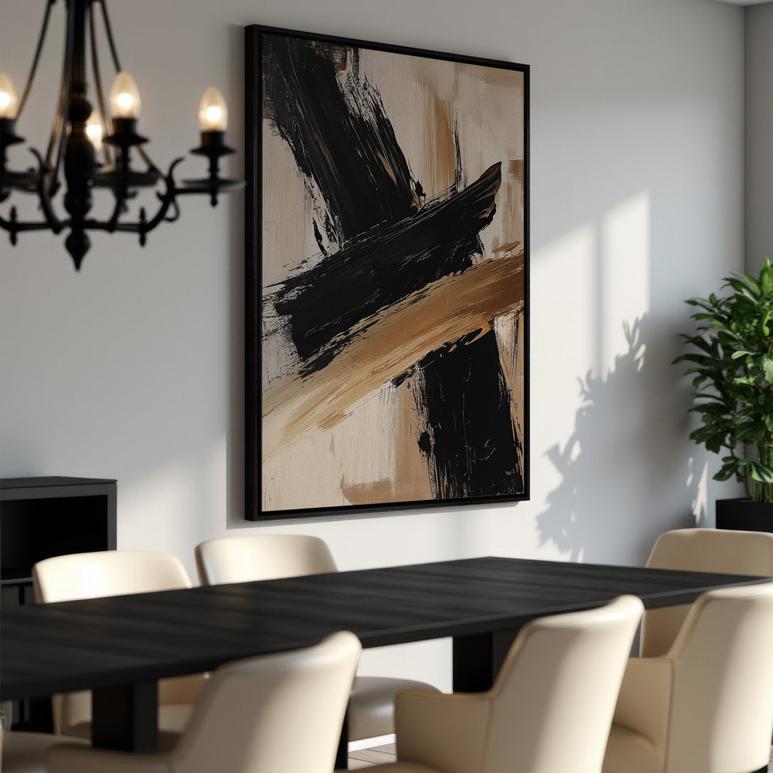 Framed Wall Art: Abstract black and gold brushstroke art print. Modern decor with neutral color palette. Elevate your space with this stylish canvas print.