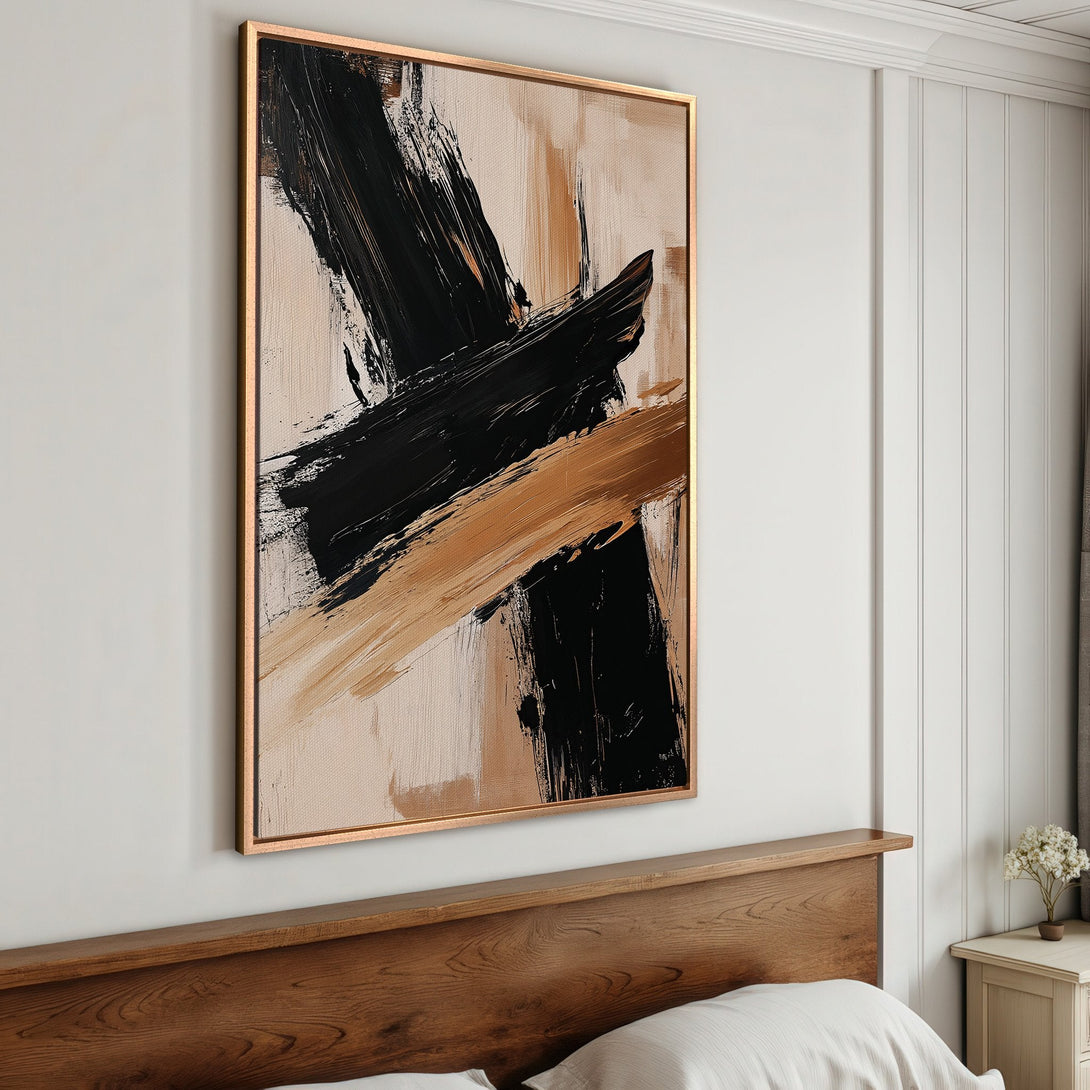 Framed Wall Art: Abstract brushstroke painting in black, beige, and gold. Modern canvas print adds a touch of elegance to any bedroom decor.