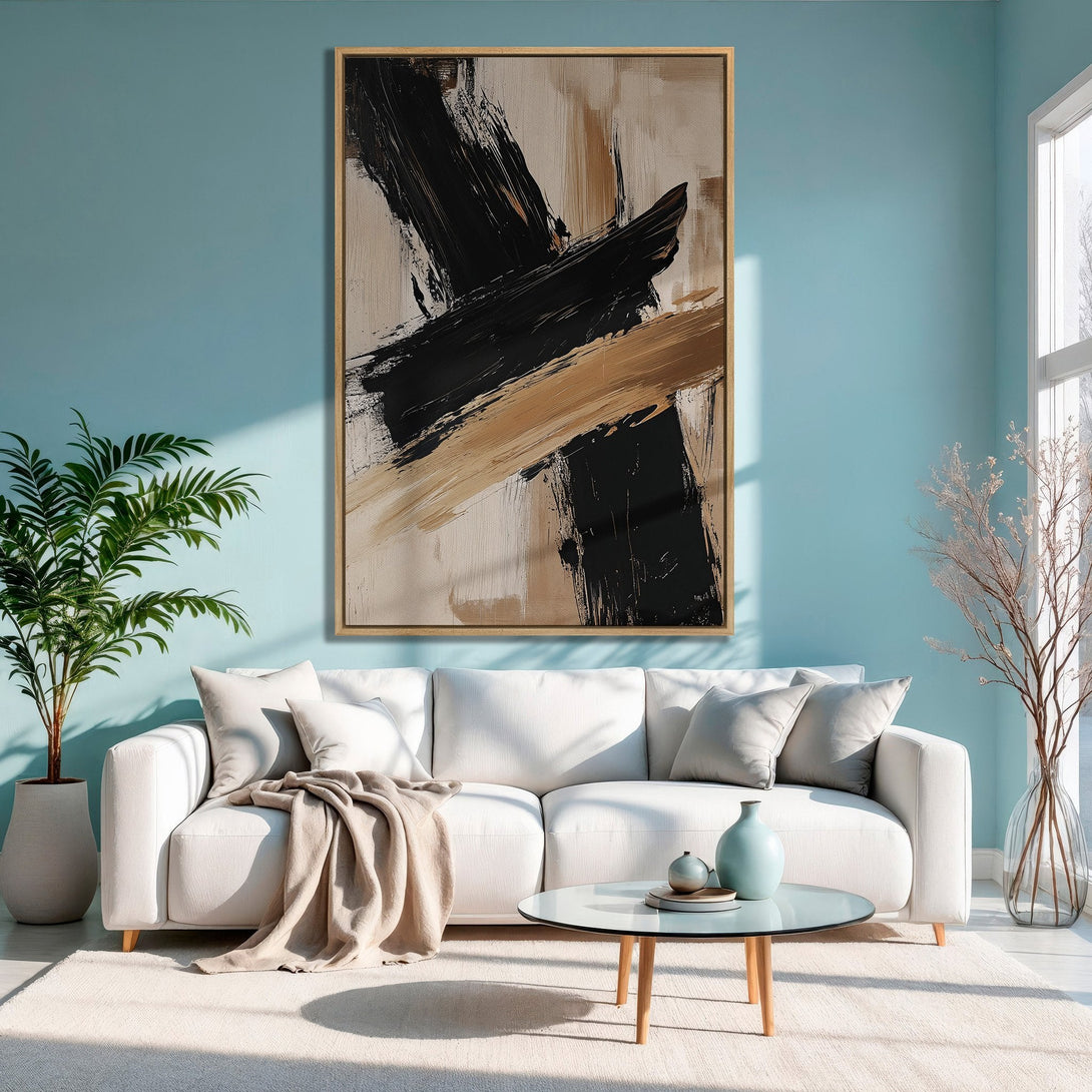 Framed Wall Art: Modern abstract painting in black, beige, and tan. Stylish canvas print for living room decor. Neutral color palette.
