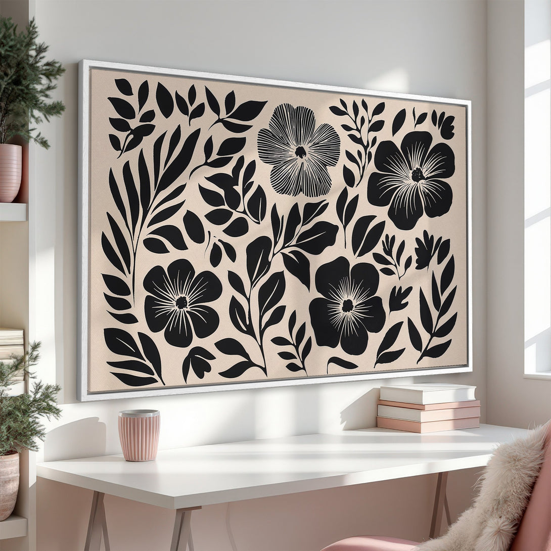 Framed Wall Art featuring a modern floral design in black and beige. Perfect for adding a touch of minimalist style to your home decor.